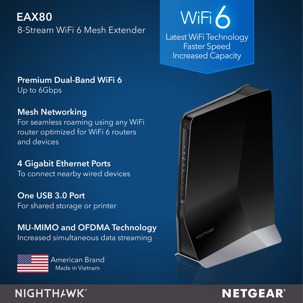 Nighthawk EAX80 Extender – 8-Stream WiFi 6 Mesh Extender