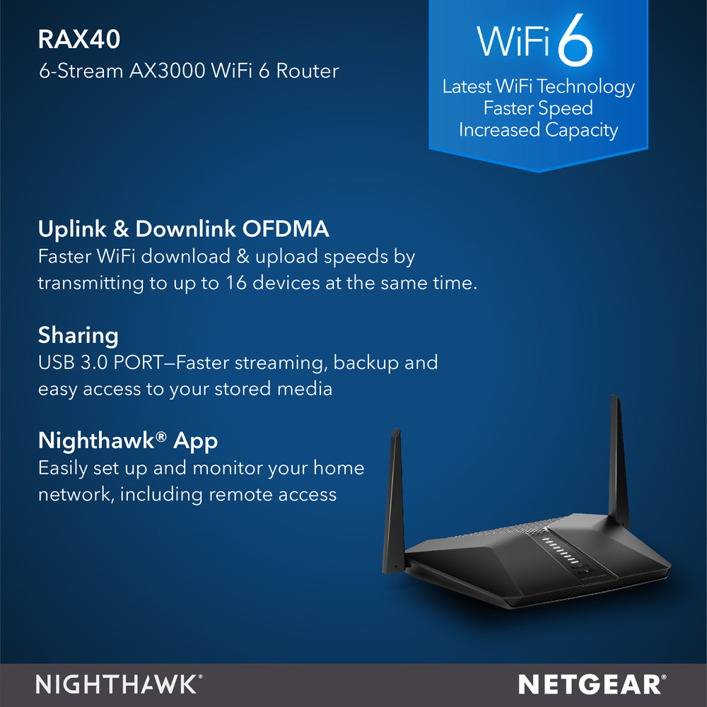 Nighthawk RAX40 AX4 WiFi 6 Router - AX3000